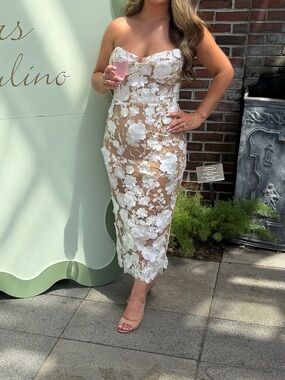 Jasmine Bronx and Banco White Strapless Floral Appliqué Midi Dress on Nude